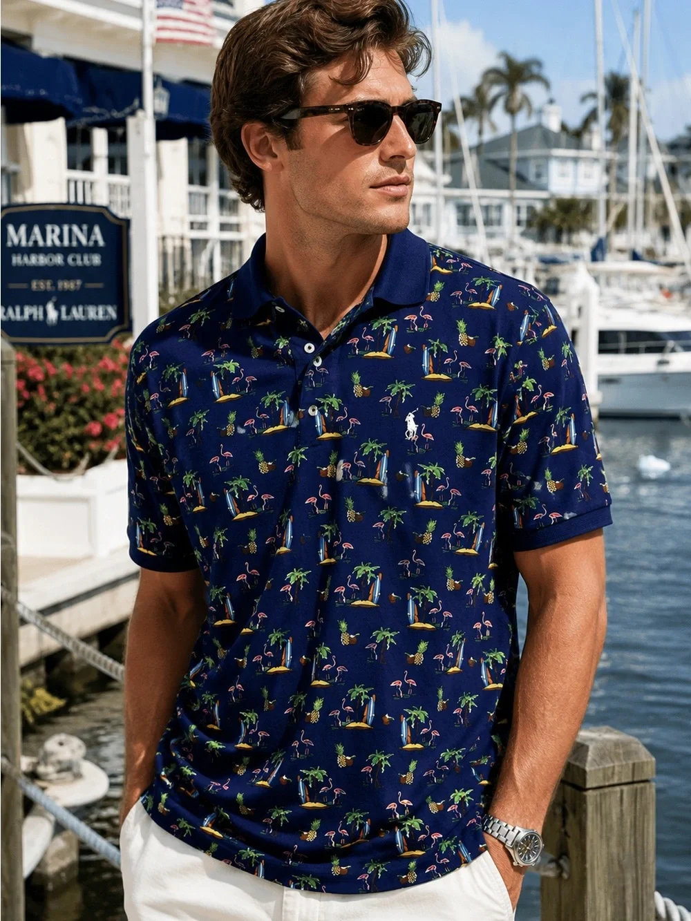 Polo Ralph Lauren Tropical Print Polo Shirt Flamingo Palm Tree Island Golf